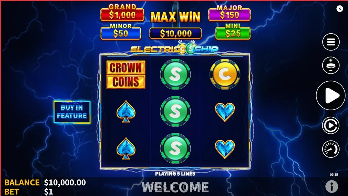 Tampilan visual slot Electric Chip dengan nuansa neon dan kilat listrik
