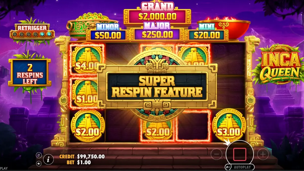 Pemandangan kuil kuno dan simbol koin emas dalam permainan slot Inca Queen
