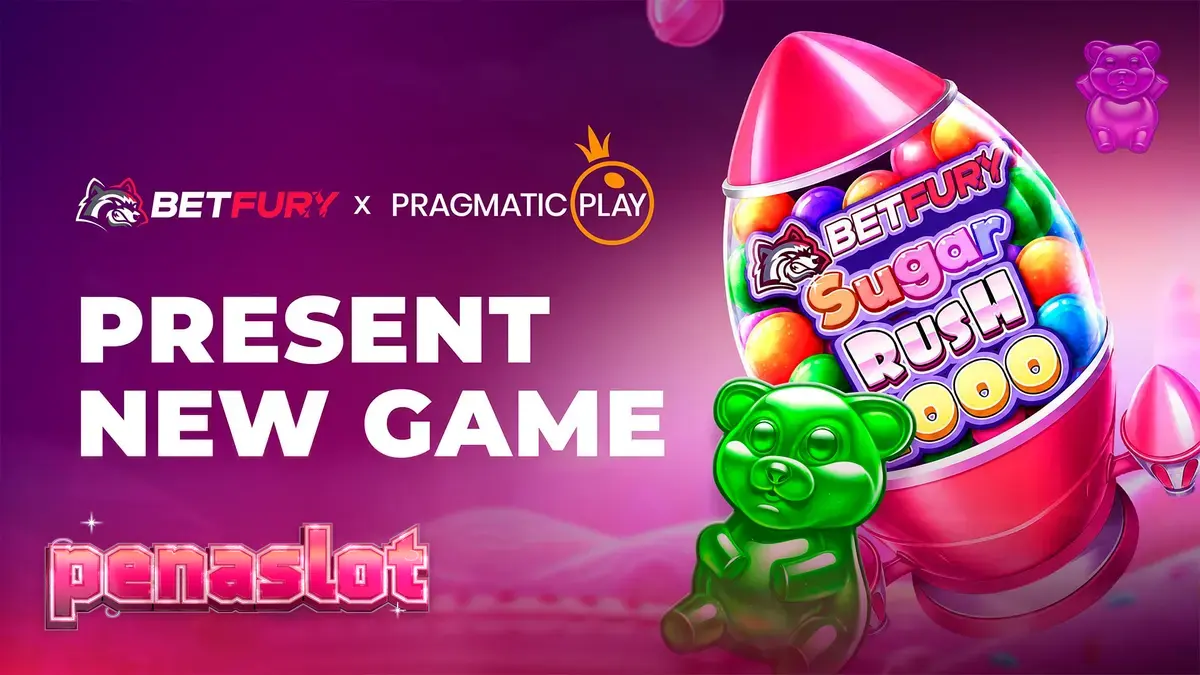 Tampilan antarmuka permainan slot BetFury Sugar Rush 1000 dengan grid berwarna cerah.