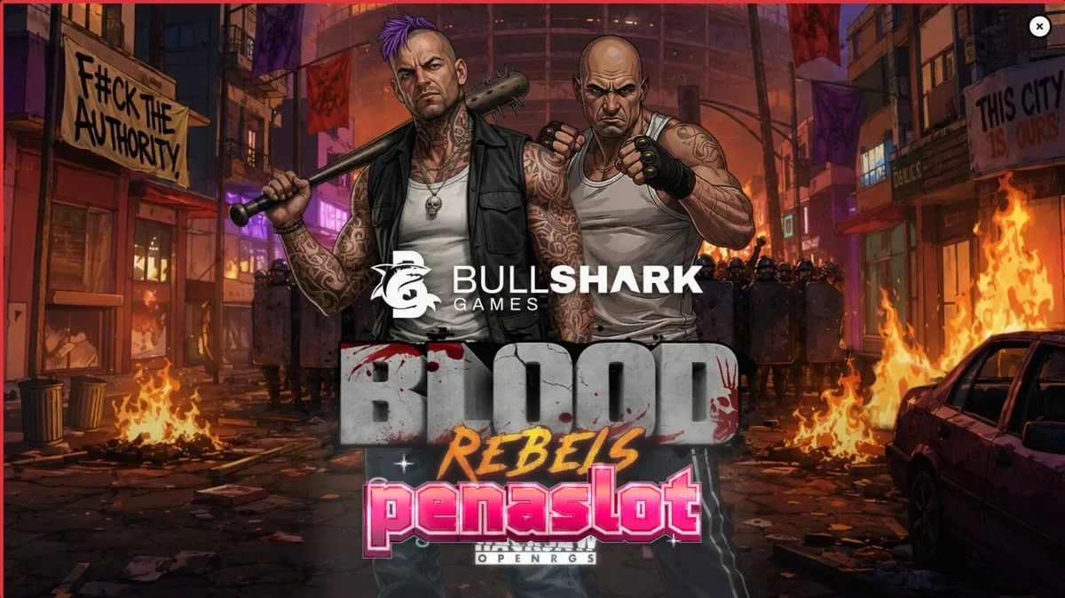 Tampilan visual slot Blood Rebels dengan tema urban dan simbol senjata.